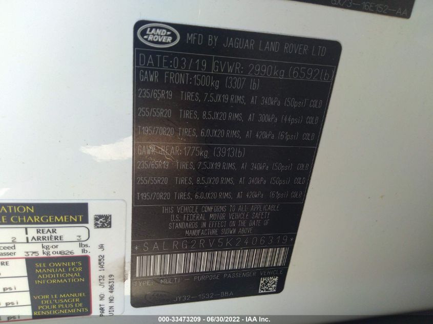 2019 LAND ROVER DISCOVERY SE SALRG2RV5K2406319