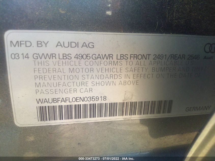 2014 AUDI A4 PREMIUM WAUBFAFL0EN035918