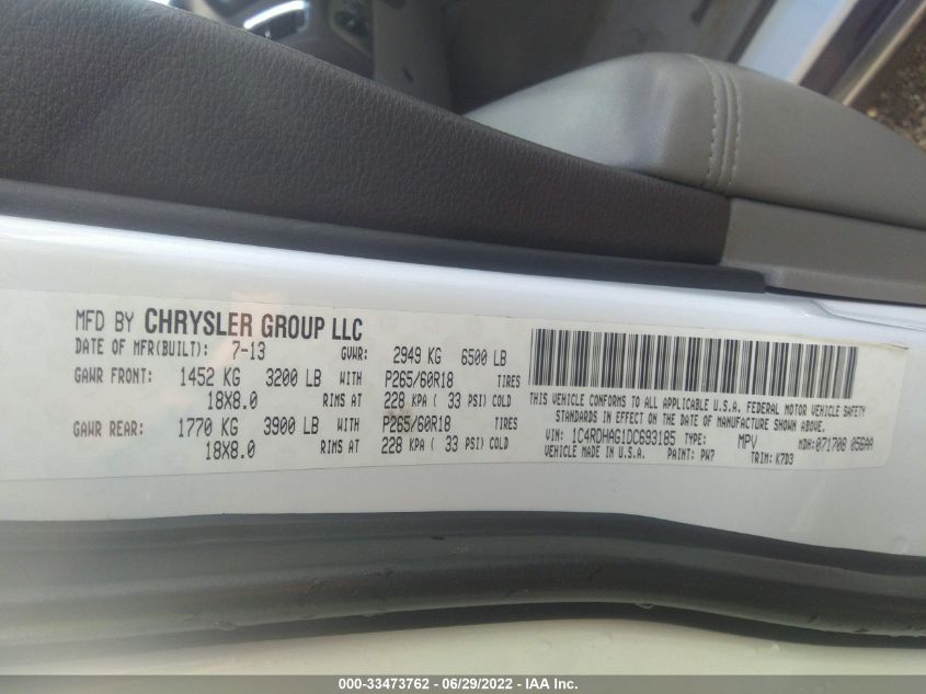 2013 DODGE DURANGO SXT 1C4RDHAG1DC693185
