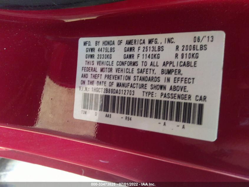2013 HONDA ACCORD CPE EXL 1HGCT2B89DA012703