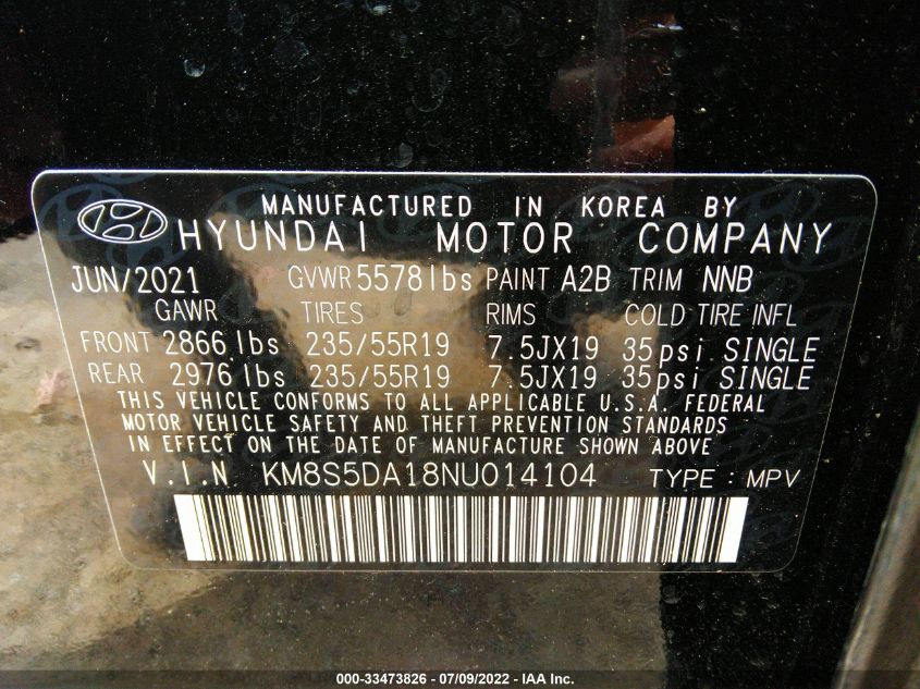 2022 HYUNDAI SANTA FE HYBRID LIMITED KM8S5DA18NU014104