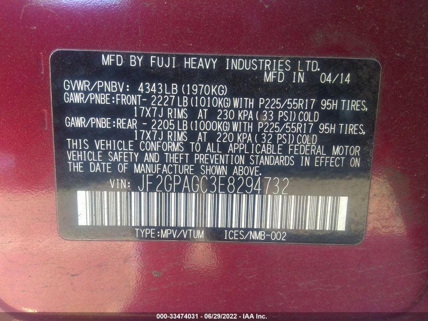 2014 SUBARU XV CROSSTREK LIMITED JF2GPAGC3E8294732