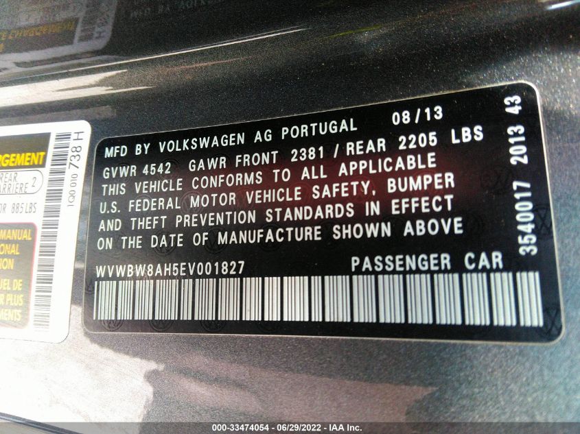 2014 VOLKSWAGEN EOS KOMFORT WVWBW8AH5EV001827