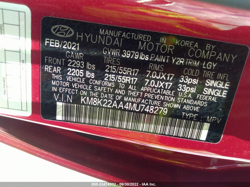 2021 HYUNDAI KONA SEL KM8K22AA4MU748279