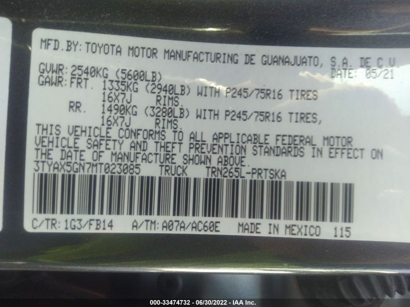 2021 TOYOTA TACOMA 2WD SR/SR5 3TYAX5GN7MT023085