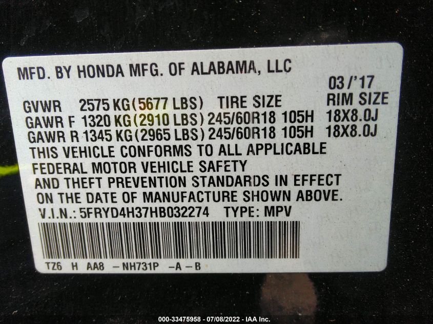 2017 ACURA MDX 5FRYD4H37HB032274
