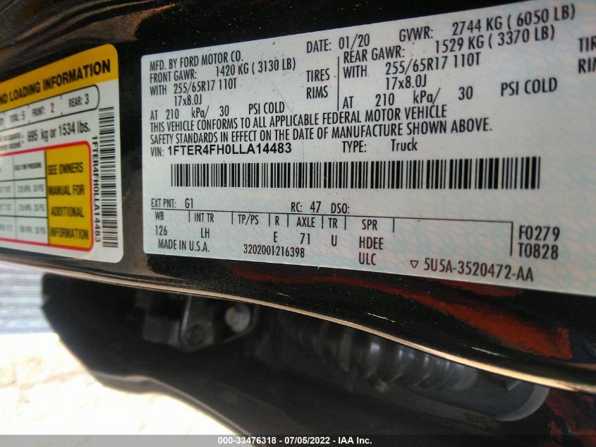 2020 FORD RANGER XL/XLT/LARIAT 1FTER4FH0LLA14483