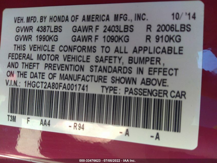 2015 HONDA ACCORD COUPE EX-L 1HGCT2A80FA001741