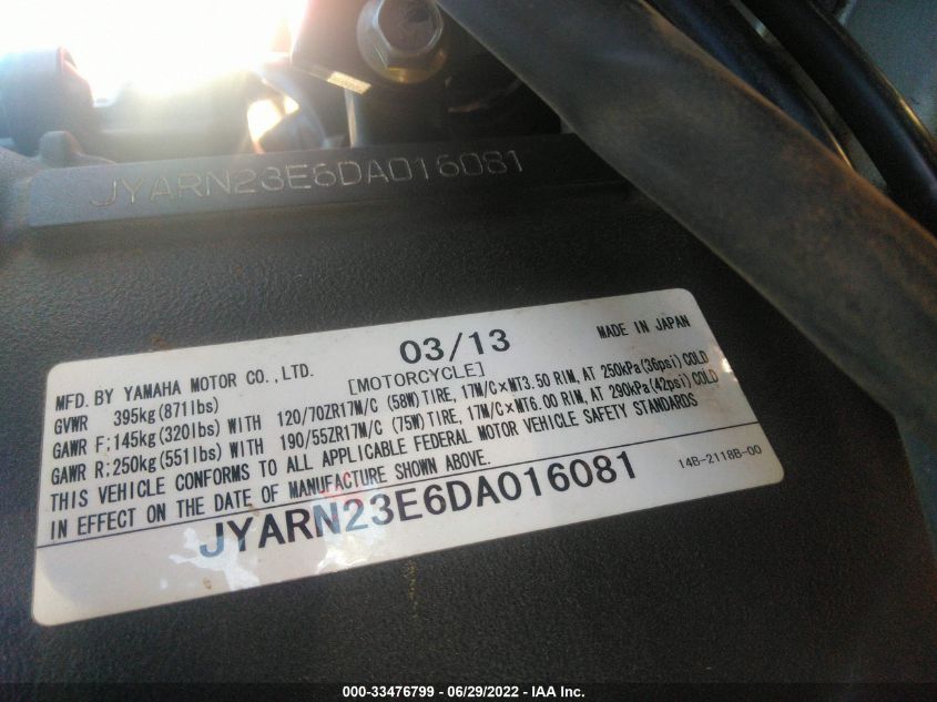 2013 YAMAHA YZFR1 JYARN23E6DA016081