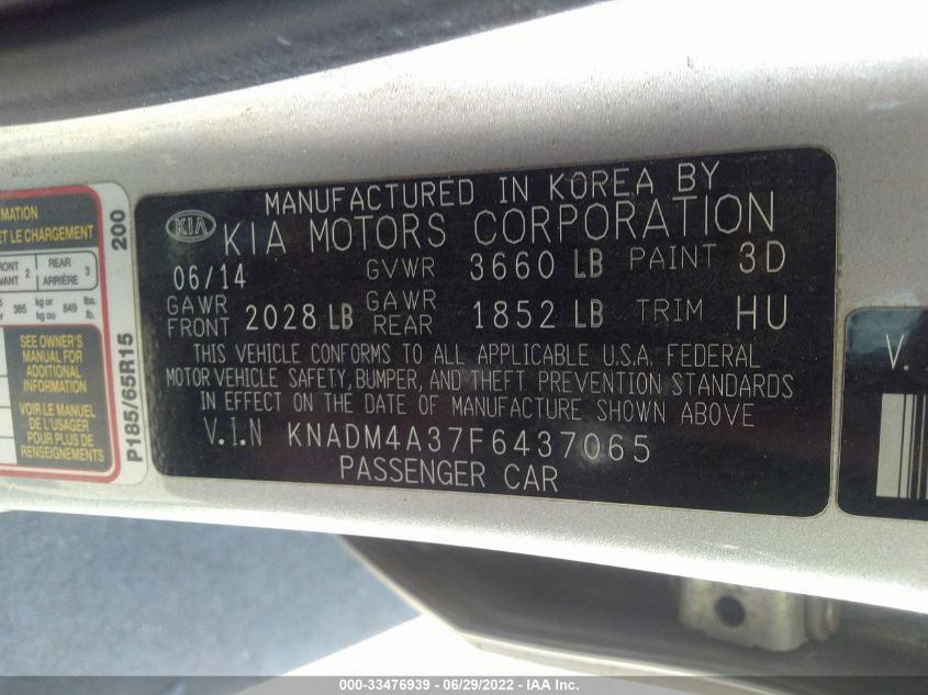 2015 KIA RIO LX KNADM4A37F6437065