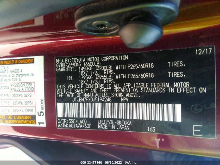 2018 LEXUS GX GX 460 JTJBM7FX0J5194248