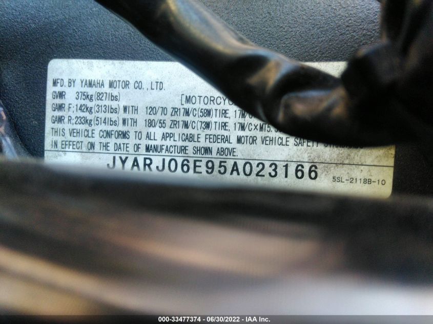 2005 YAMAHA YZFR6 L JYARJ06E95A023166