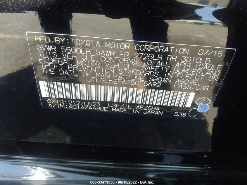 2015 LEXUS LS 460 L JTHGL5EF6F5055692