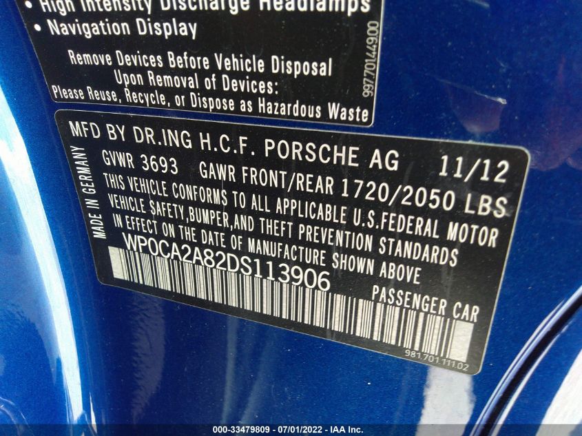 2013 PORSCHE BOXSTER WP0CA2A82DS113906