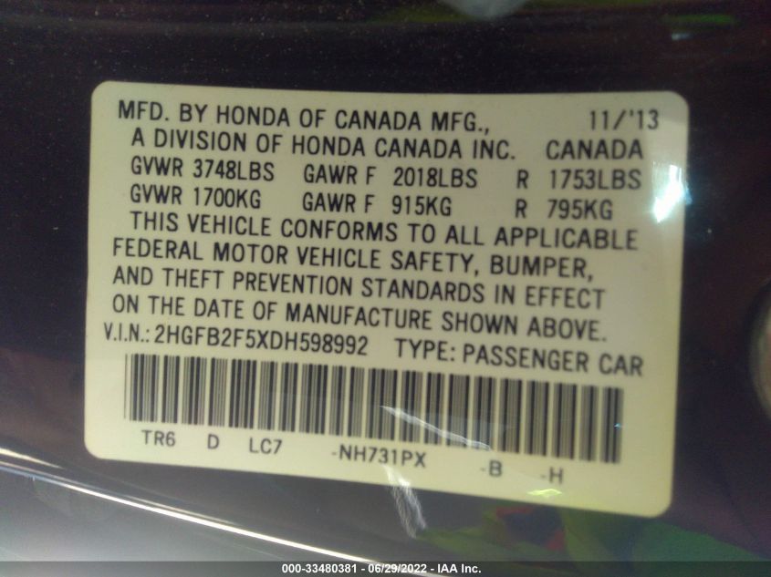 2013 HONDA CIVIC SDN LX 2HGFB2F5XDH598992
