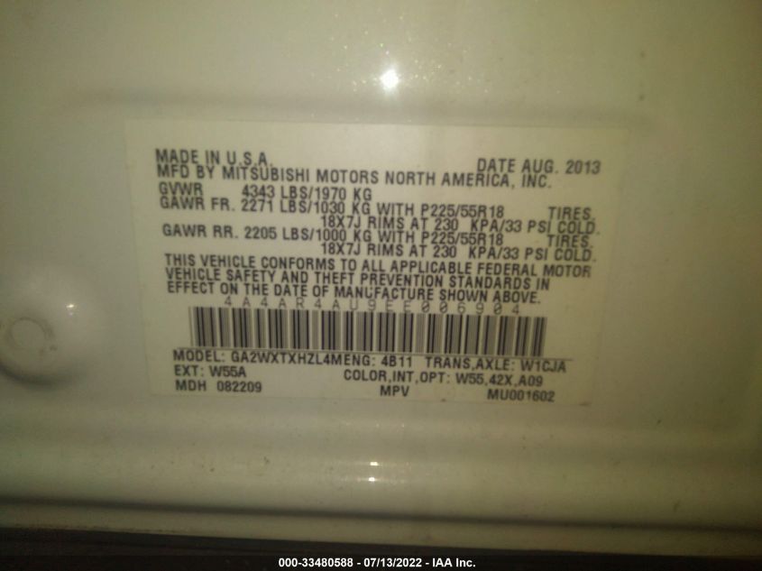 2014 MITSUBISHI OUTLANDER SPORT SE 4A4AR4AU9EE006904