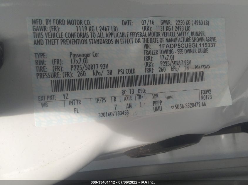 2016 FORD C-MAX ENERGI PREMIUM SEL 1FADP5CU6GL115337