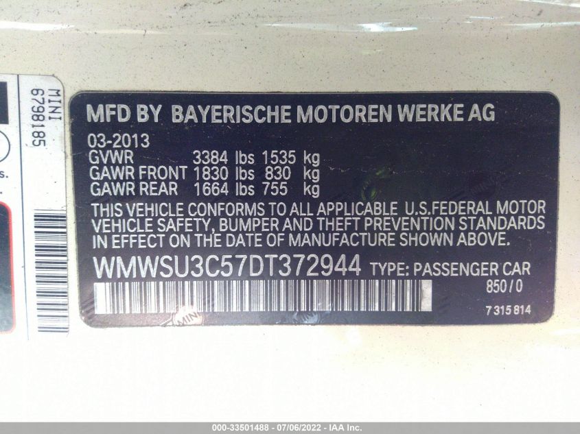 2013 MINI COOPER HARDTOP WMWSU3C57DT372944