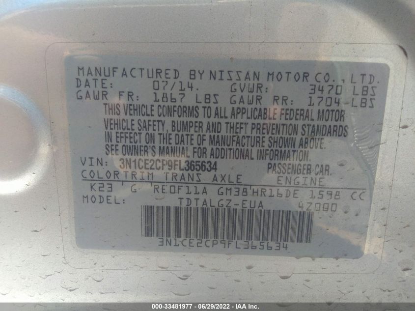 2015 NISSAN VERSA NOTE SR 3N1CE2CP9FL365634