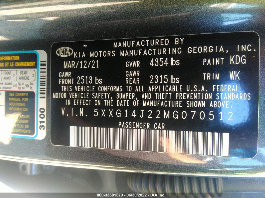 2021 KIA K5 LXS 5XXG14J22MG070512