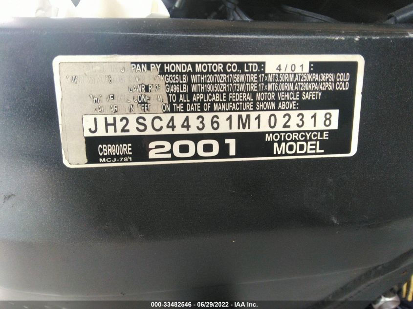2001 HONDA CBR900 RE JH2SC44361M102318