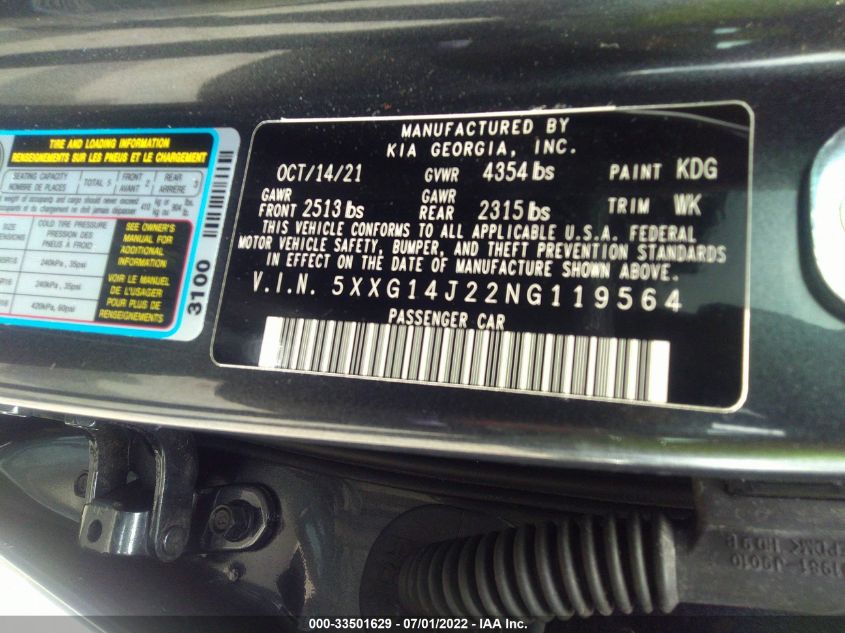 2022 KIA K5 LXS 5XXG14J22NG119564