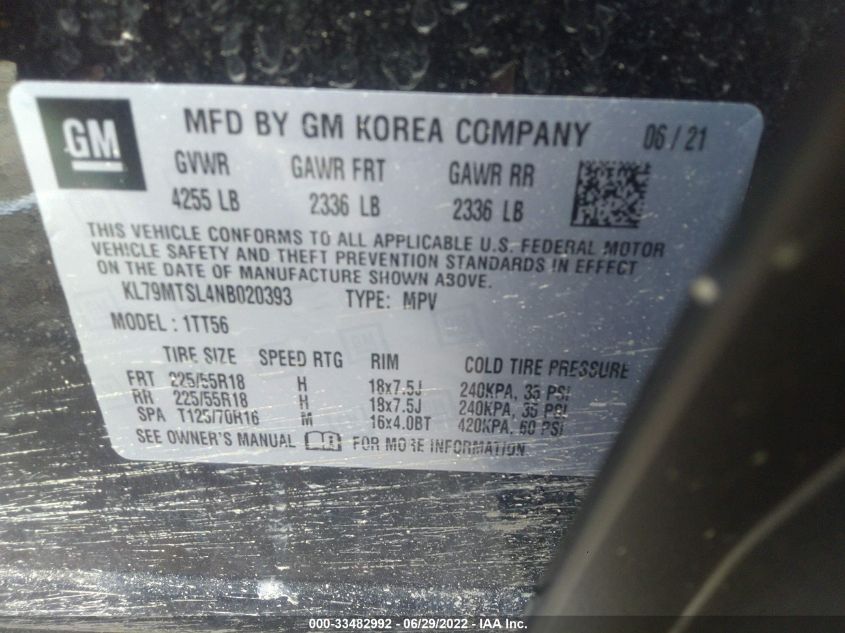 2022 CHEVROLET TRAILBLAZER RS KL79MTSL4NB020393