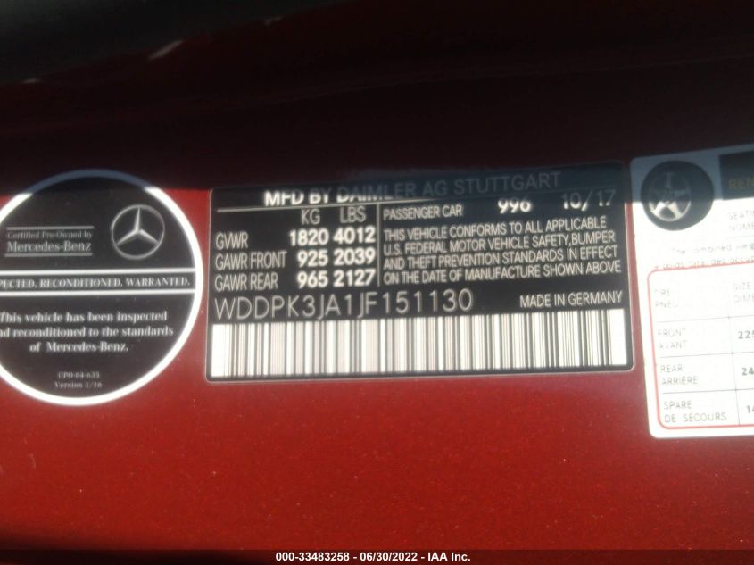 2018 MERCEDES-BENZ SLC SLC 300 WDDPK3JA1JF151130