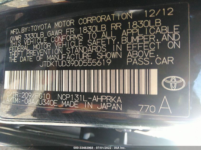 2013 TOYOTA YARIS JTDKTUD39DD555619