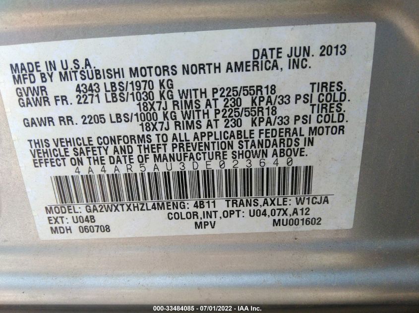 2013 MITSUBISHI OUTLANDER SPORT LE 4A4AR5AU3DE023640