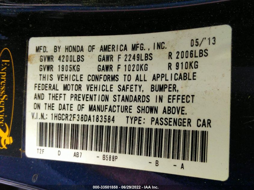2013 HONDA ACCORD SDN LX 1HGCR2F38DA183584