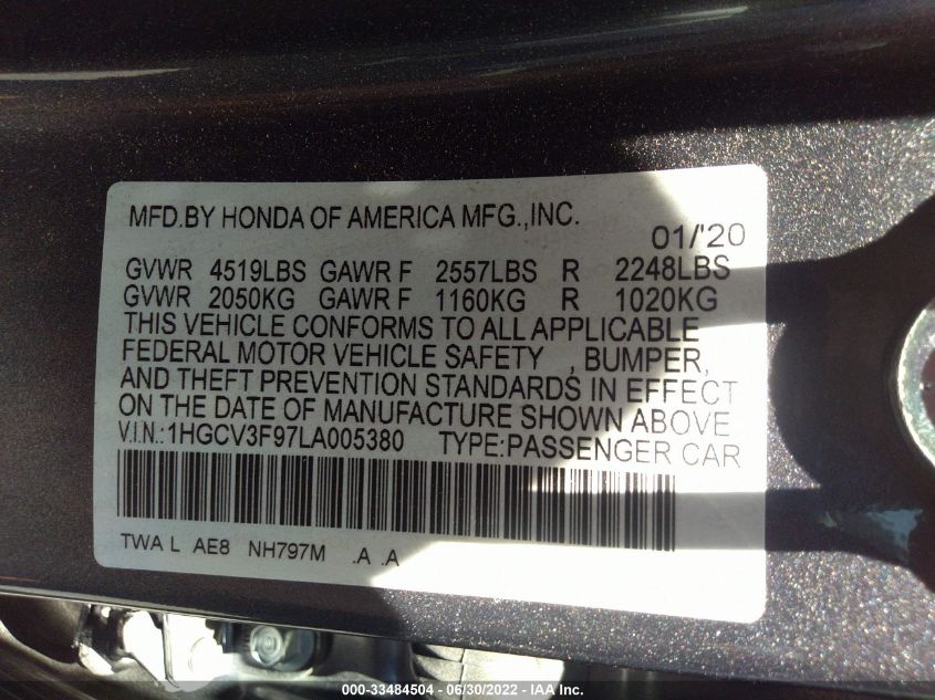 2020 HONDA ACCORD HYBRID TOURING 1HGCV3F97LA005380