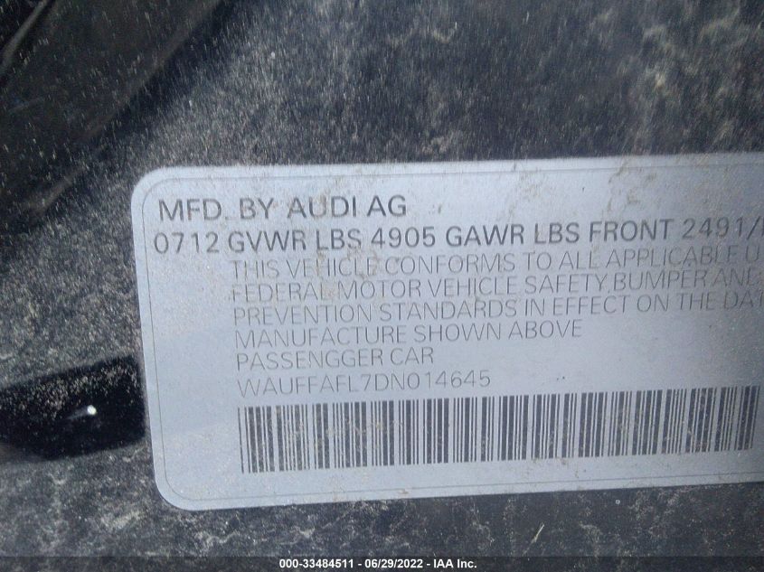 2013 AUDI A4 PREMIUM PLUS WAUFFAFL7DN014645