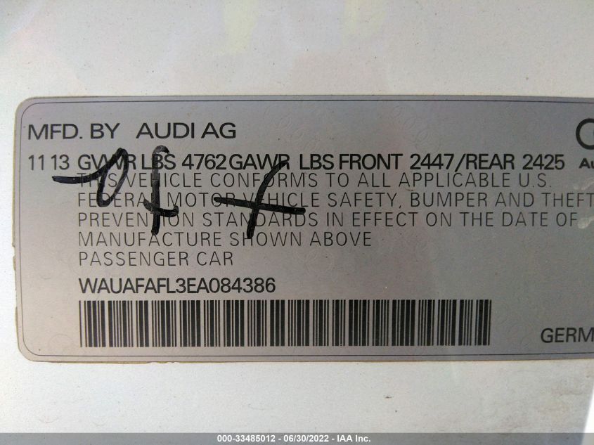 2014 AUDI A4 PREMIUM WAUAFAFL3EA084386