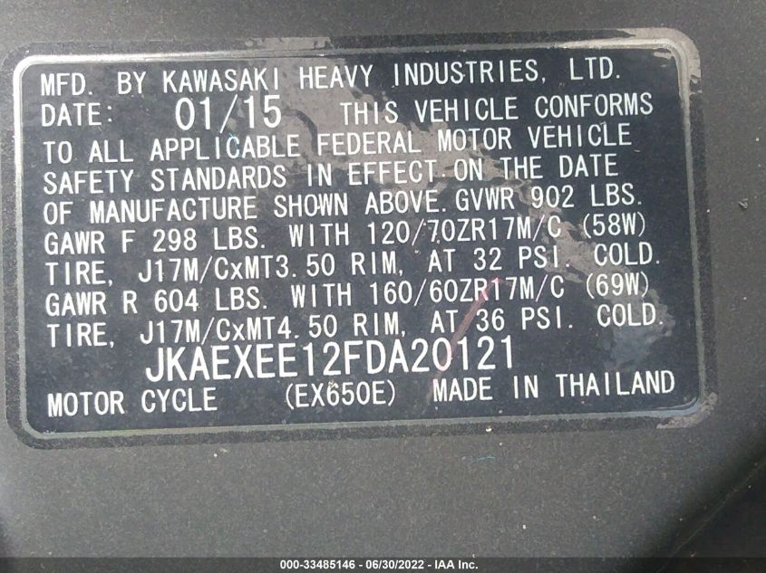 2015 KAWASAKI EX650 E JKAEXEE12FDA20121