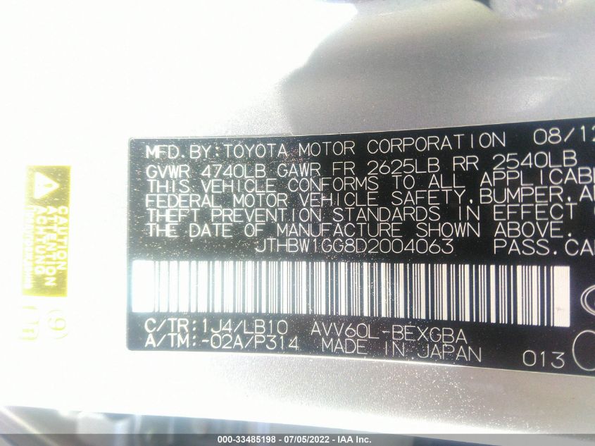 2013 LEXUS ES 300H HYBRID JTHBW1GG8D2004063