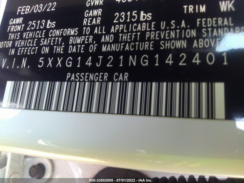 2022 KIA K5 LXS 5XXG14J21NG142401