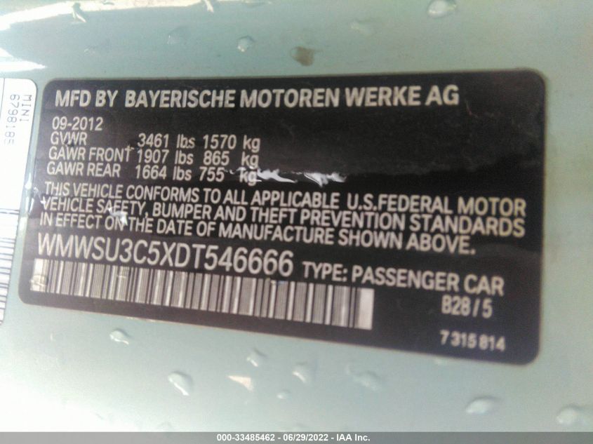 2013 MINI COOPER HARDTOP WMWSU3C5XDT546666