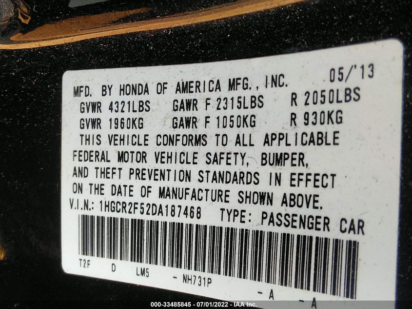2013 HONDA ACCORD SDN SPORT 1HGCR2F52DA187468