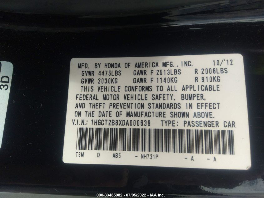 2013 HONDA ACCORD CPE EX-L 1HGCT2B8XDA000639