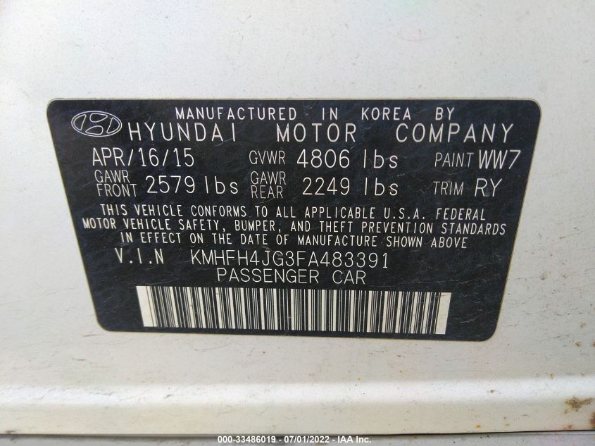 2015 HYUNDAI AZERA LIMITED KMHFH4JG3FA483391