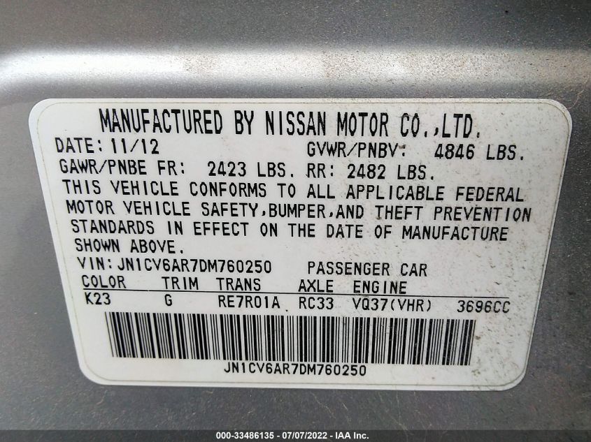 2013 INFINITI G37 SEDAN X JN1CV6AR7DM760250