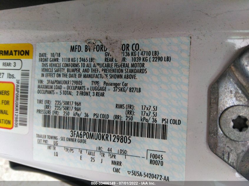 2019 FORD FUSION HYBRID SEL 3FA6P0MU0KR129805