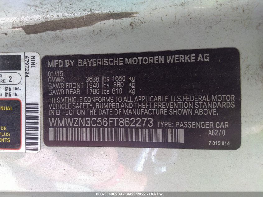 2015 MINI COOPER CONVERTIBLE WMWZN3C56FT862273