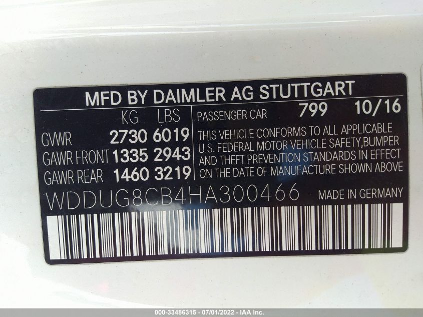 2017 MERCEDES-BENZ S-CLASS S 550 WDDUG8CB4HA300466