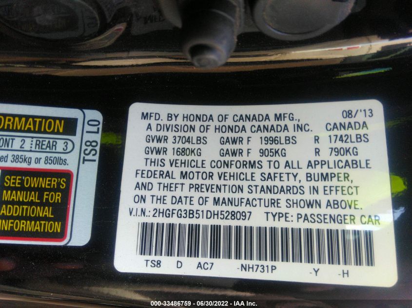 2013 HONDA CIVIC CPE LX 2HGFG3B51DH528097