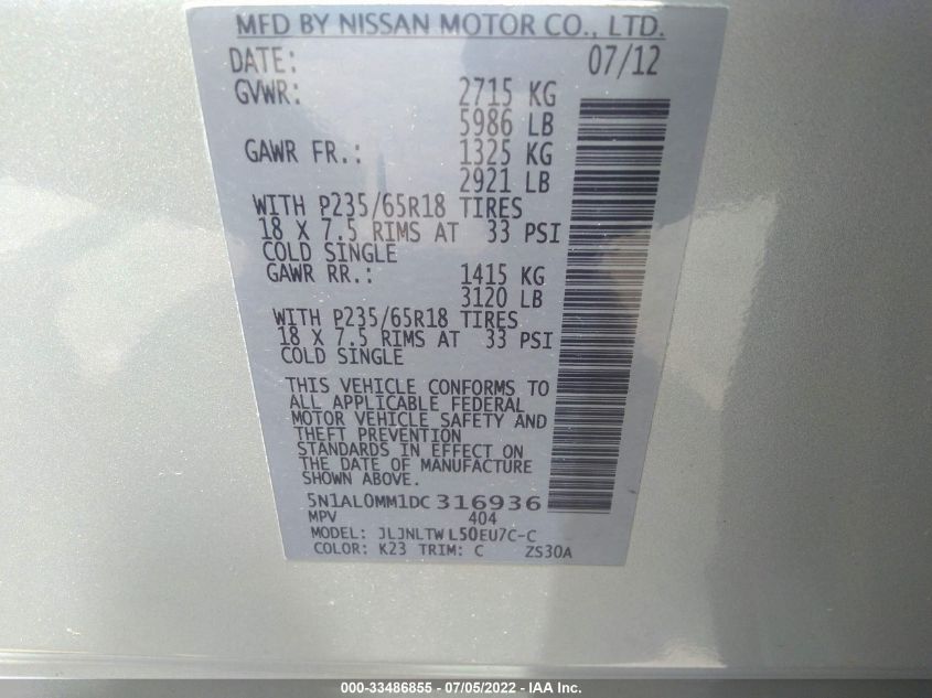 2013 INFINITI JX 5N1AL0MM1DC316936