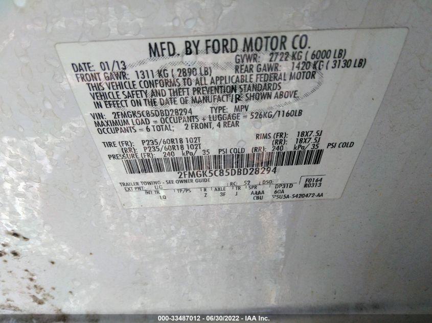 2013 FORD FLEX SEL 2FMGK5C85DBD28294