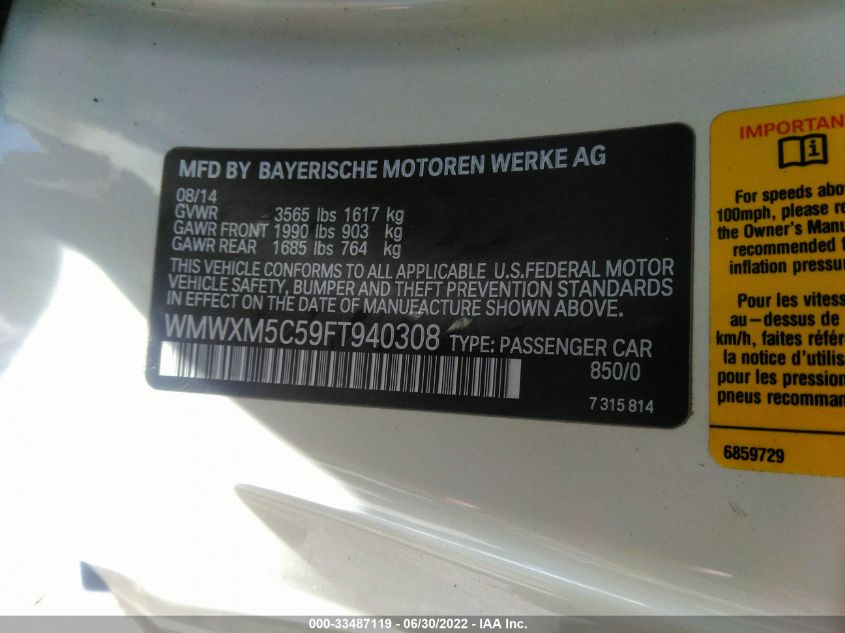 2015 MINI COOPER HARDTOP WMWXM5C59FT940308