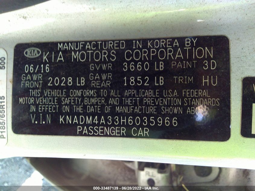 2017 KIA RIO LX KNADM4A33H6035966